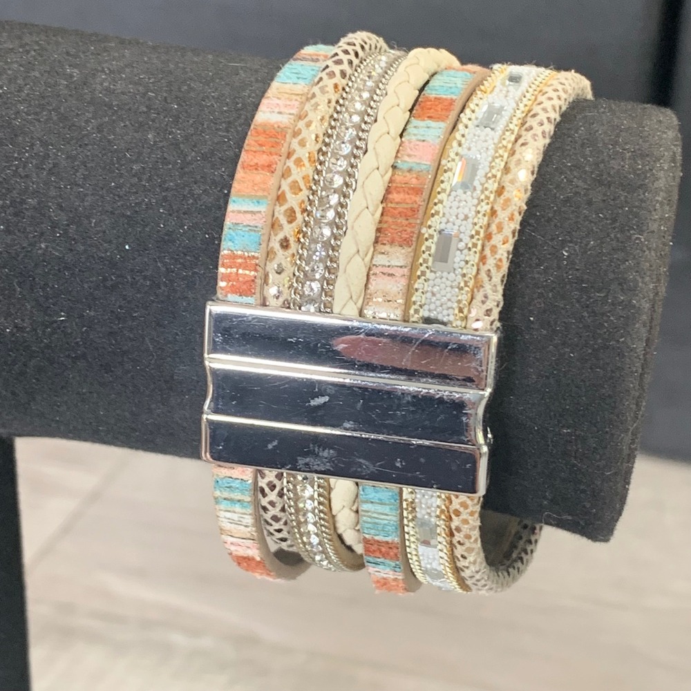 Boho Multi Strand Magnetic Wrap Bracelet Rhinestone Faux Leather 6.5 Inch